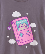 Close-up of the large graphic on the front of the Gamer Pusheen Retro Handheld Tee. Pusheen the Cat resides in a gaming console accented with pink, blue, and purple. 