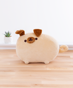 Back view of the Pusheen Plush in front of a white wall on top of a wooden floor, with a potted succulent to the plush’s left. There are no details on the plush’s back, and the information tag on the plush is nearby the curly tail. The back view makes it more obvious Pugsheen’s ears are folded over.