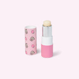 Unscented Pusheen lip balm has pink packaging with strawberry graphics. 