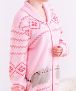 Back view of the Pusheen Cardigan. The dark pink and white diamond and heart pattern continues on the back of the shoulders of the cardigan and down the sleeves. The folded lapel features continues on the back collar of the cardigan. 