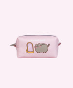 Front view of the Pusheen You Look Good Cosmetic Bag. The pink rectangular pouch has a top zipper with a Pusheen shaped pull.