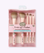 Back view of the makeup brush set packaging. The back of the pink box includes products highlights and The Creme Shop and Pusheen logos.